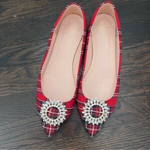 J. Crew Red and Black Plaid Flats with Crystal Embellishment